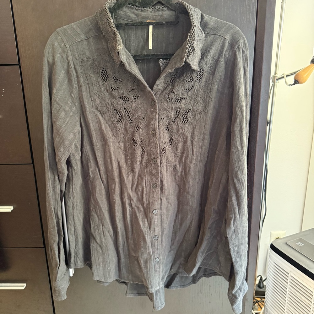 Free People Carter Dobby Dark Gray Embroidered Button Down Shirt, Medium - Picture 2 of 13